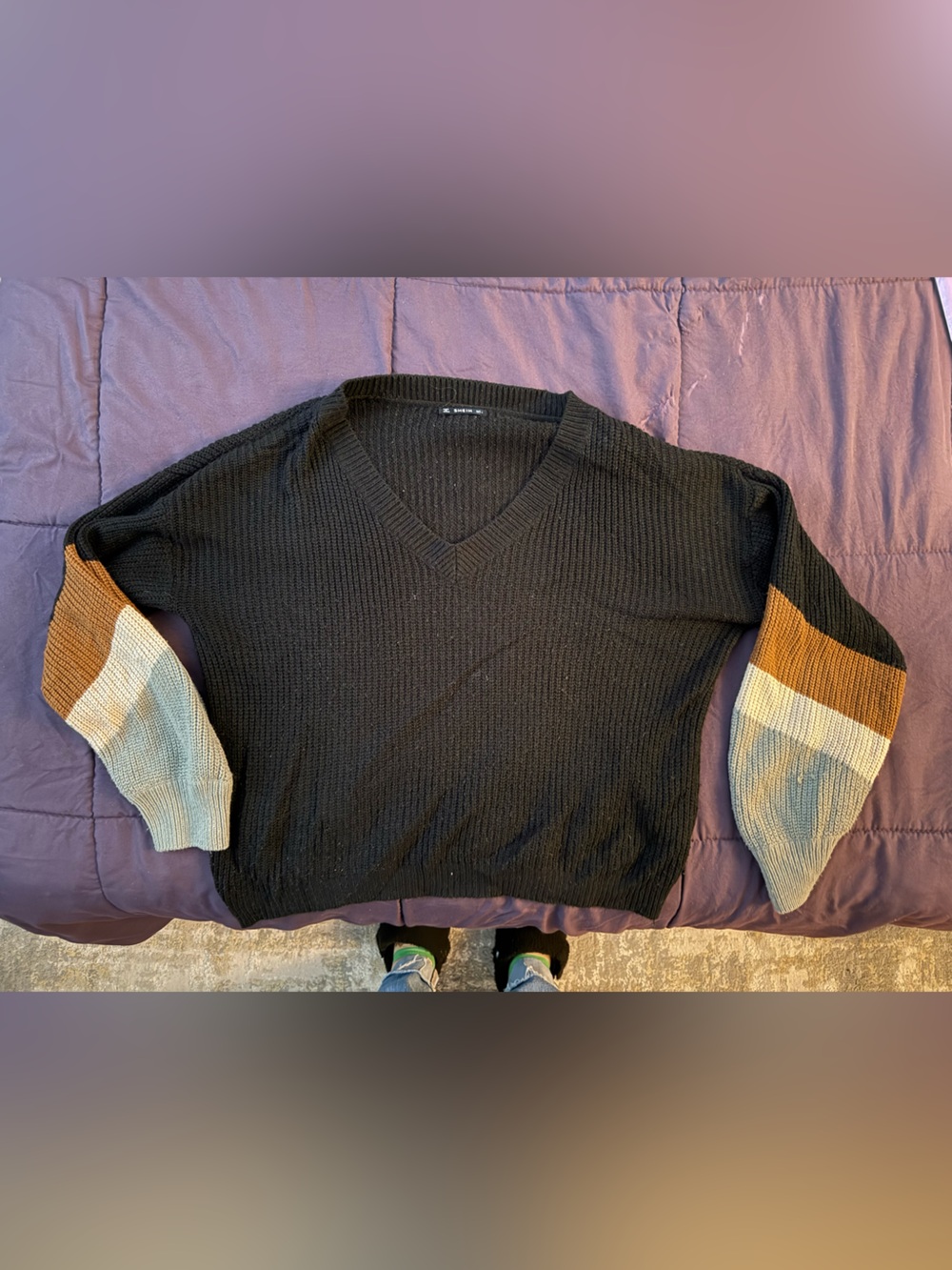 Women’s Black V-Neck Sweater with Colorblock Sleeves